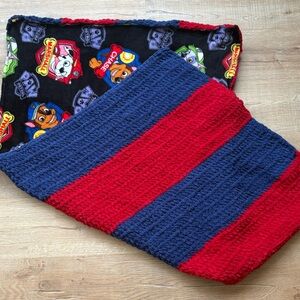 Handmade Red and Blue Striped Blanket with Cartoon paw patrol Print